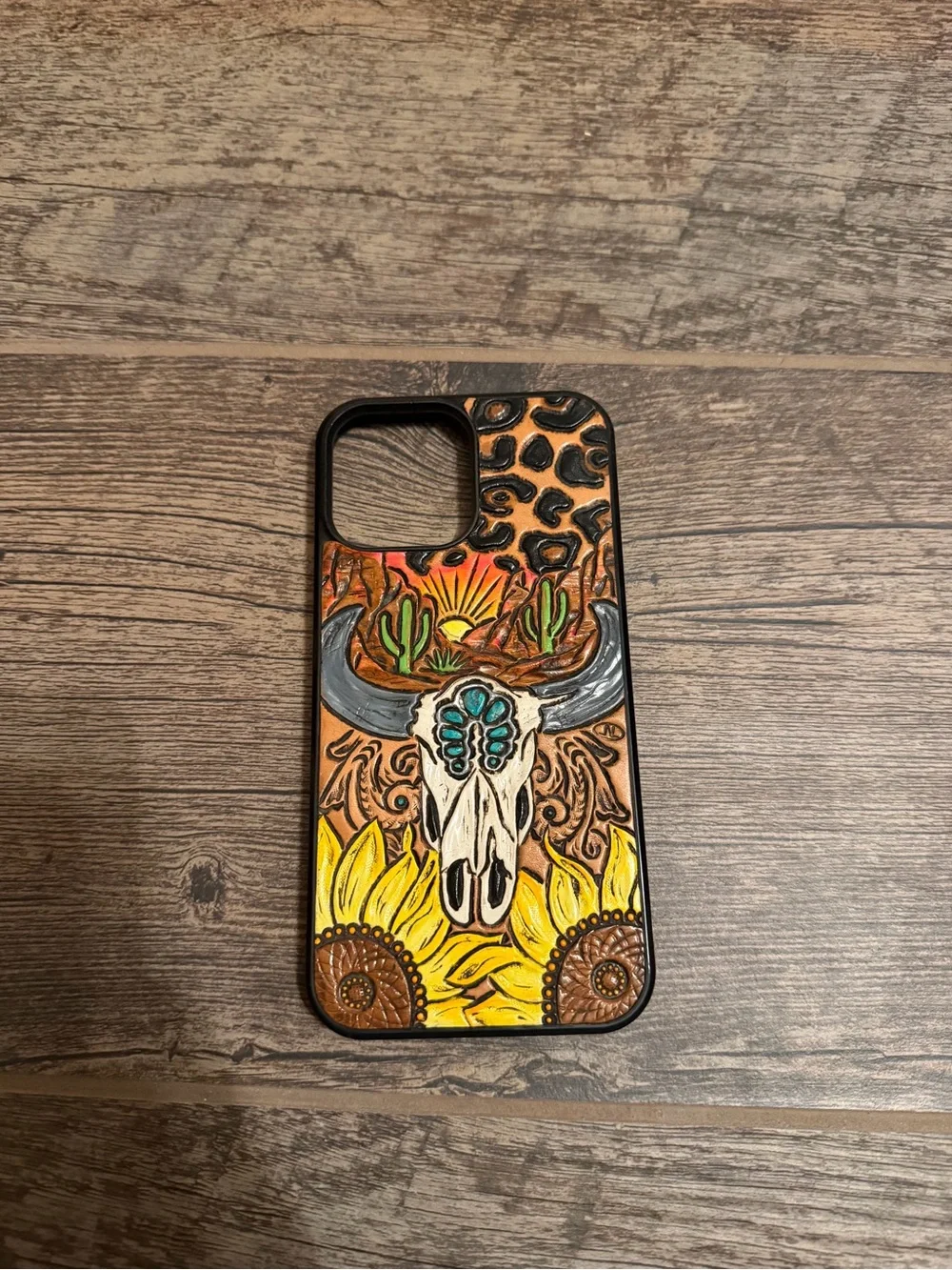 Hand Tooled Leather and Painted Southwestern Skull Iphone 13 Pro Max Case